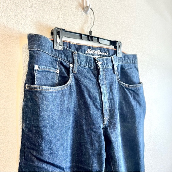 Eddie Bauer Red Flannel Lined Mens 38x30 Straight Fit Blue Jeans High Rise Dark - Picture 2 of 11